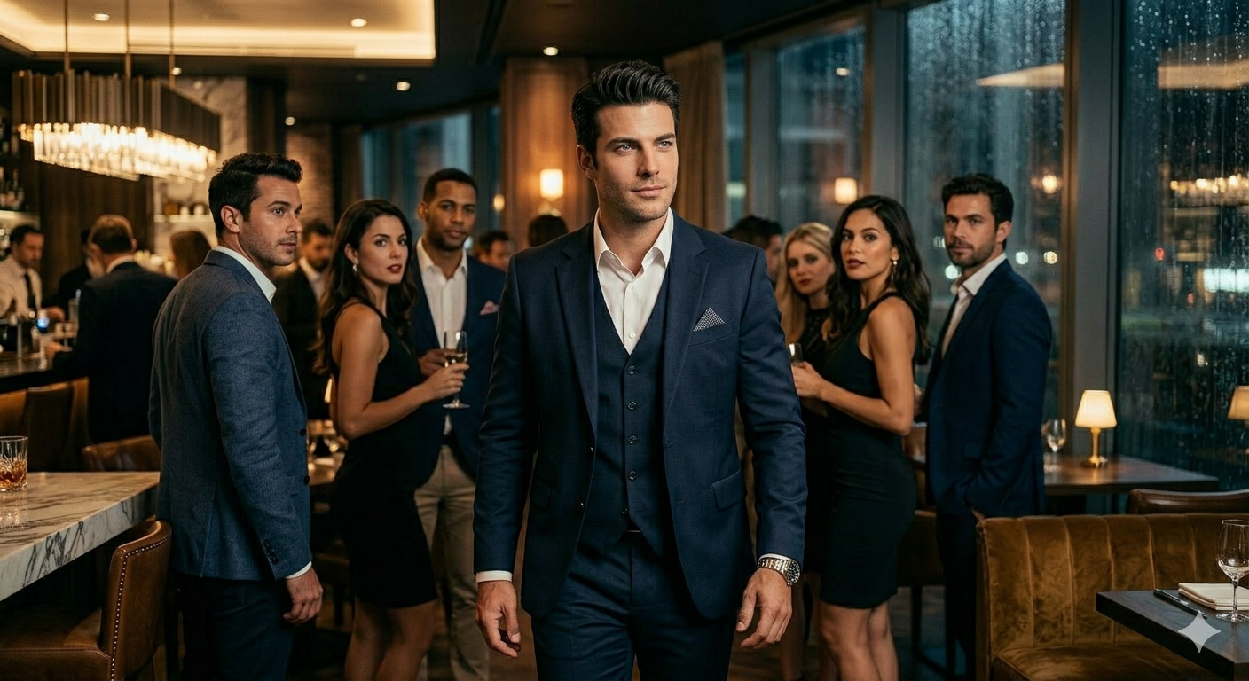 Homem de terno com postura de autoridade entrando em um ambiente sofisticado, atraindo olhares e impondo respeito através da linguagem corporal e dominância silenciosa.