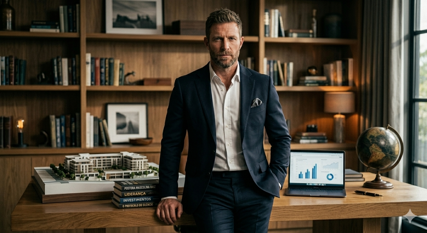 Homem de alto valor com postura de liderança em seu escritório, representando sucesso, foco em investimentos e desenvolvimento pessoal masculino.