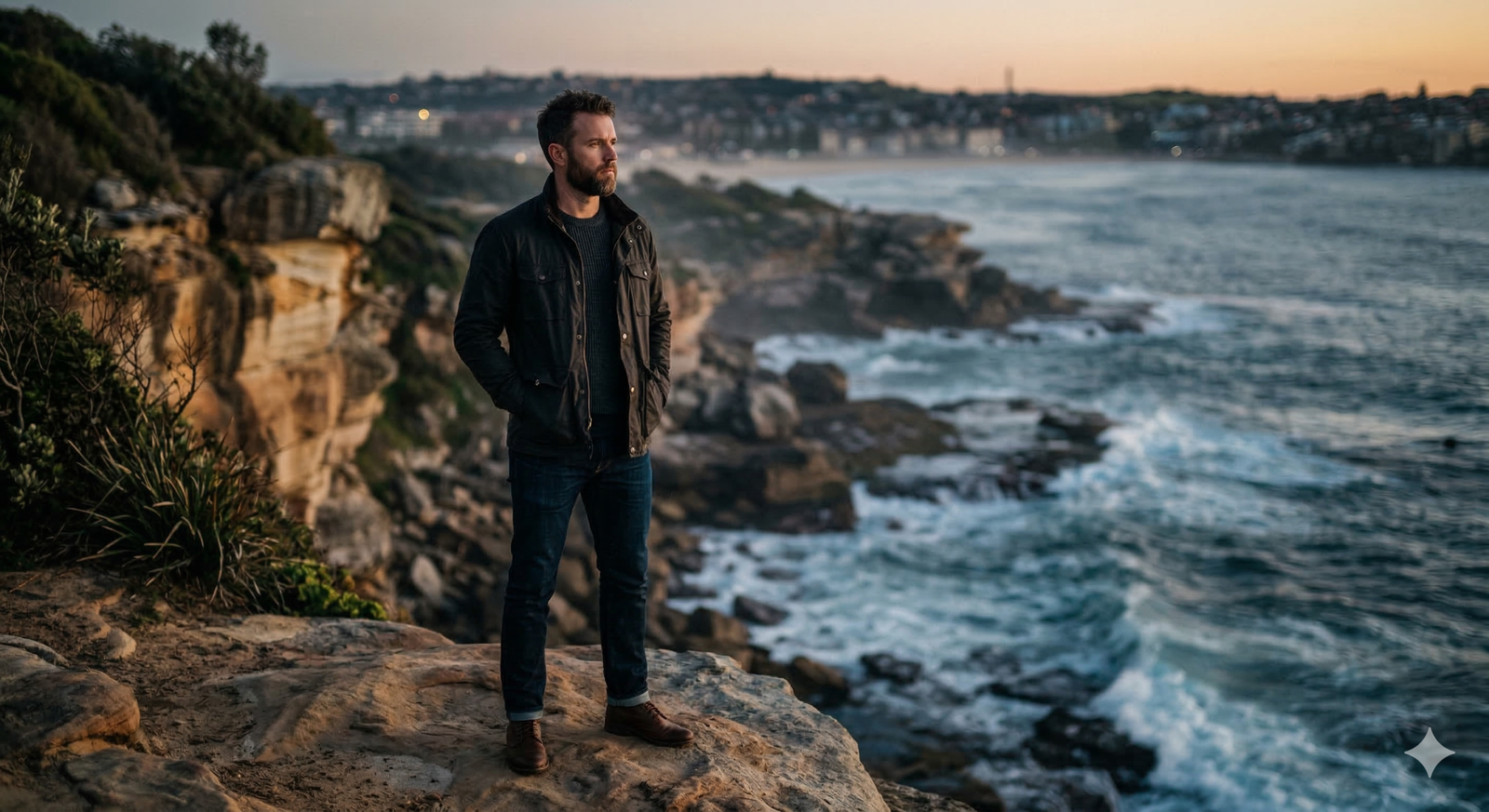 Homem com postura confiante e olhar focado no horizonte em uma paisagem costeira, representando o desapego e a liberdade emocional masculina.