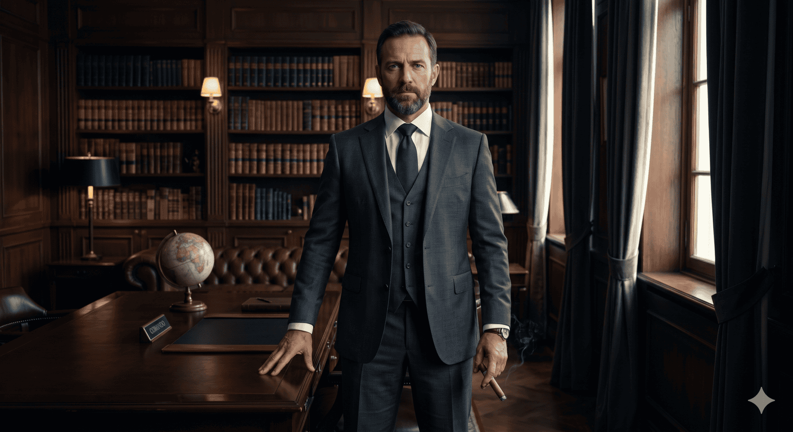 Homem de sucesso com Postura Poderosa demonstrando postura poderosa e autoridade em escritório clássico de Alta Masculinidade com o Tio Edu Raiz - Arsenal Secreto