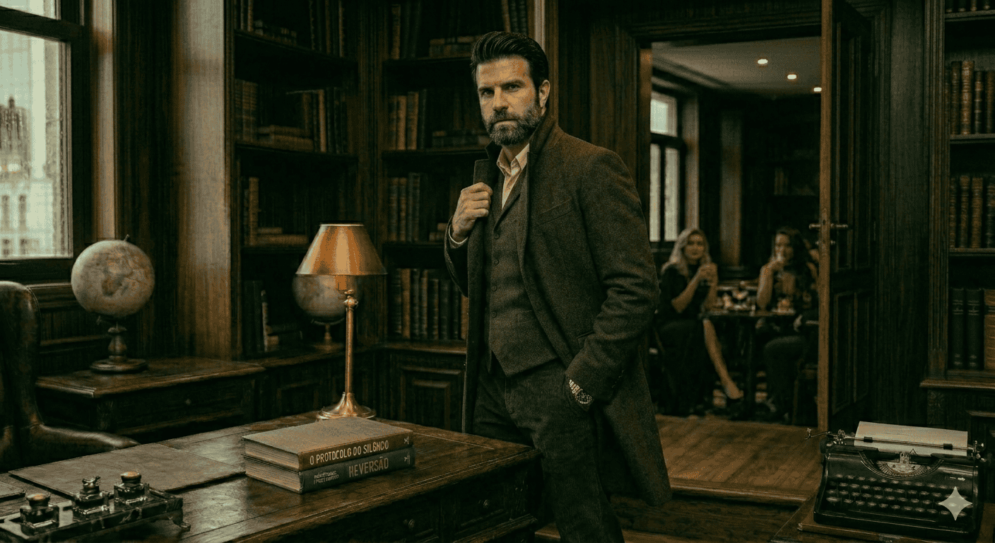 Homem de barba e sobretudo marrom em pé em um escritório clássico, olhando para trás antes de sair, representando o afastamento estratégico e o poder do silêncio.