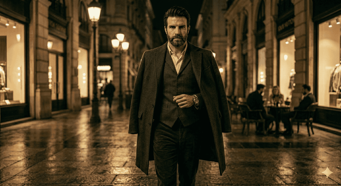 Homem de elite com barba bem cuidada, vestindo um sobretudo clássico sobre os ombros, caminhando com postura de comando em ambiente urbano noir, representando a Alta Masculinidade.