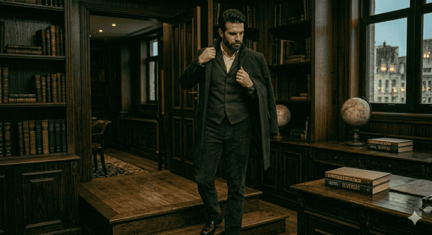 Homem extremamente atraente e de postura impecável em escritório clássico, com olhar de autoridade e camisa de linho, representando o magnetismo masculino do Arsenal Secreto.