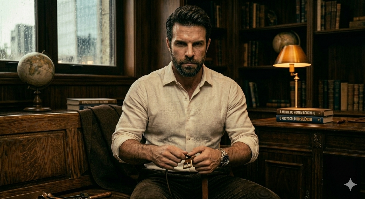 Homem elegante de colete marrom ajustando o punho da camisa com as mangas enroladas em um escritório clássico, representando a forja da autodisciplina e a rotina do homem de valor.