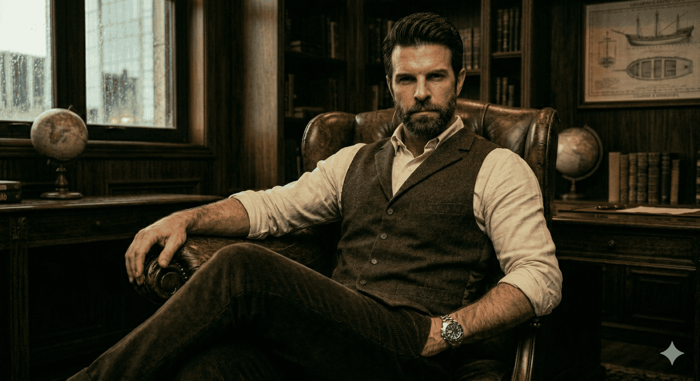 Homem de colete marrom sentado de forma imponente em poltrona de couro clássica, demonstrando postura masculina dominante e autoridade silenciosa em um escritório de elite.