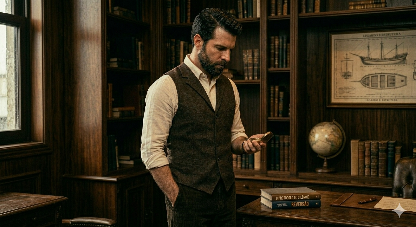 Homem de colete marrom observando relógio de bolso antigo em escritório clássico com livros e mapas, representando a construção do legado masculino e a visão de longo prazo.