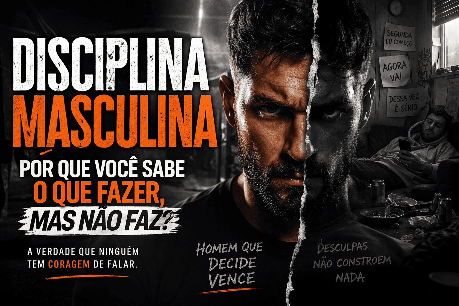 Disciplina masculina: homem dividido entre foco e procrastinação, representando por que você sabe o que fazer mas não faz