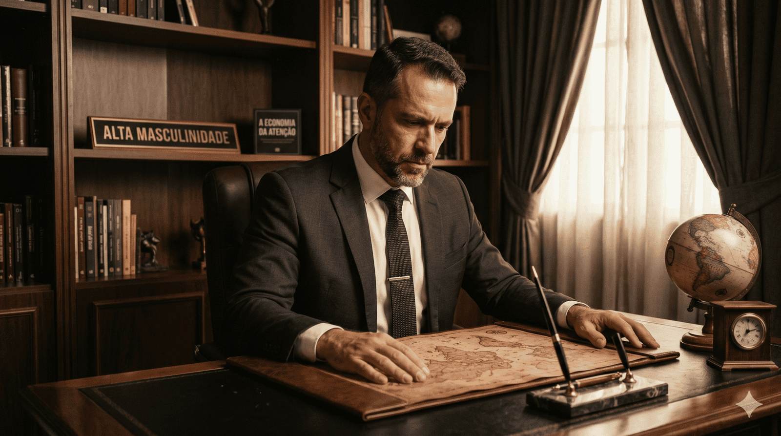 Homem focado em escritório clássico representando a Economia da Atenção e a Alta Masculinidade - Tio Edu Raiz