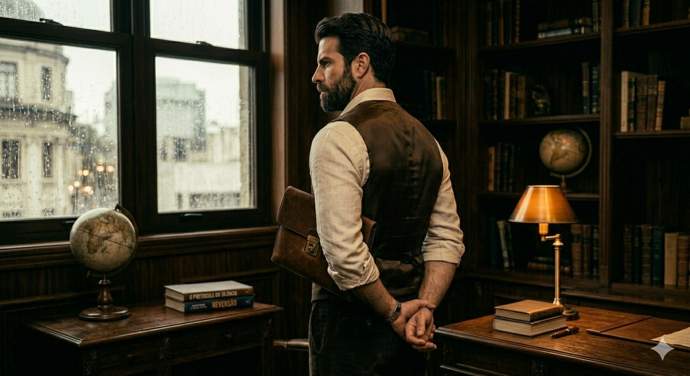 Silhueta de homem elegante de terno olhando para a cidade chuvosa através da janela em escritório de madeira escura, representando o mistério e a privacidade do homem inalcançável.