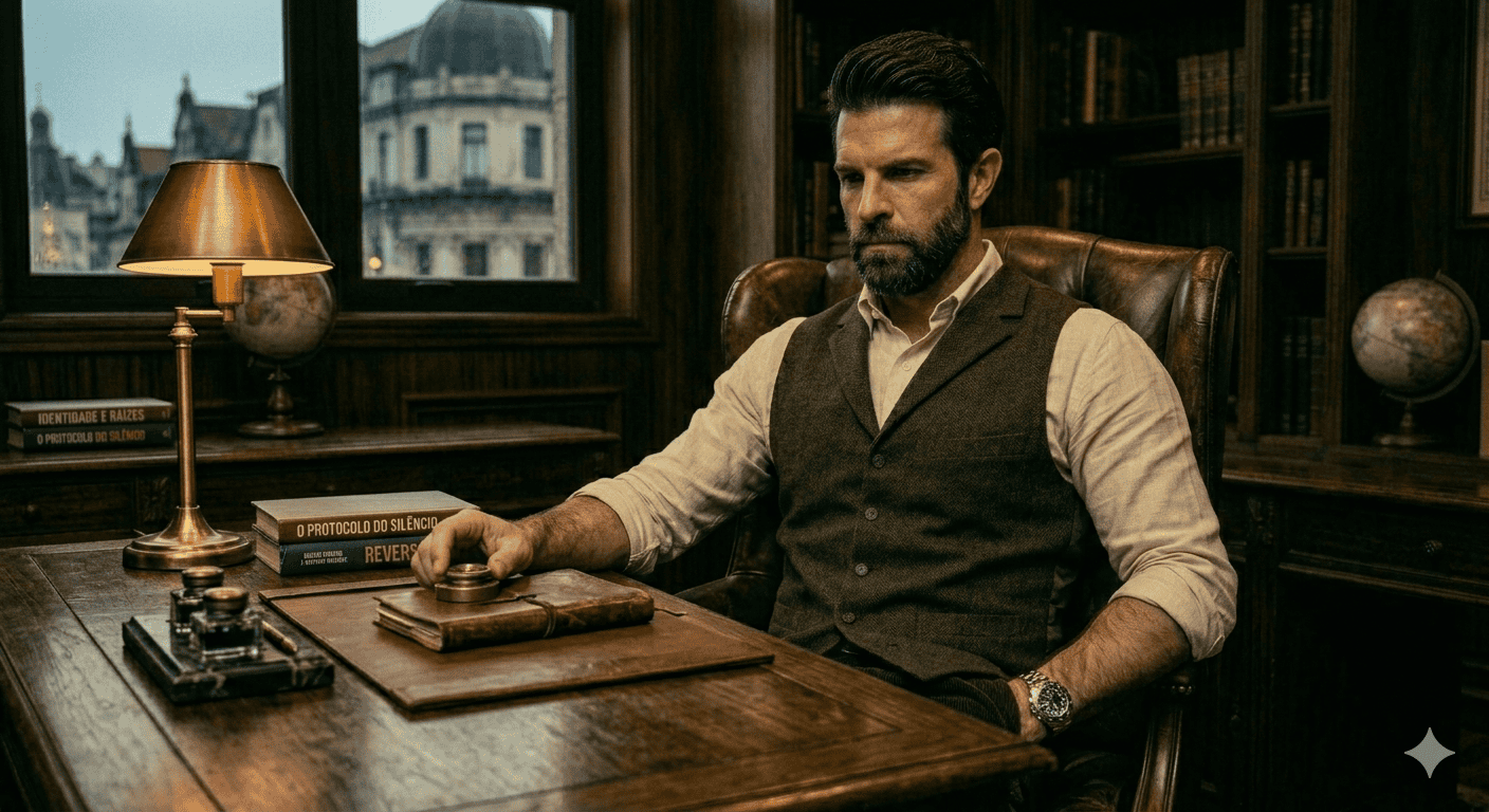 Homem de postura inabalável em escritório clássico, demonstrando a **indiferença** estratégica diante de provocações e o domínio total das próprias emoções.