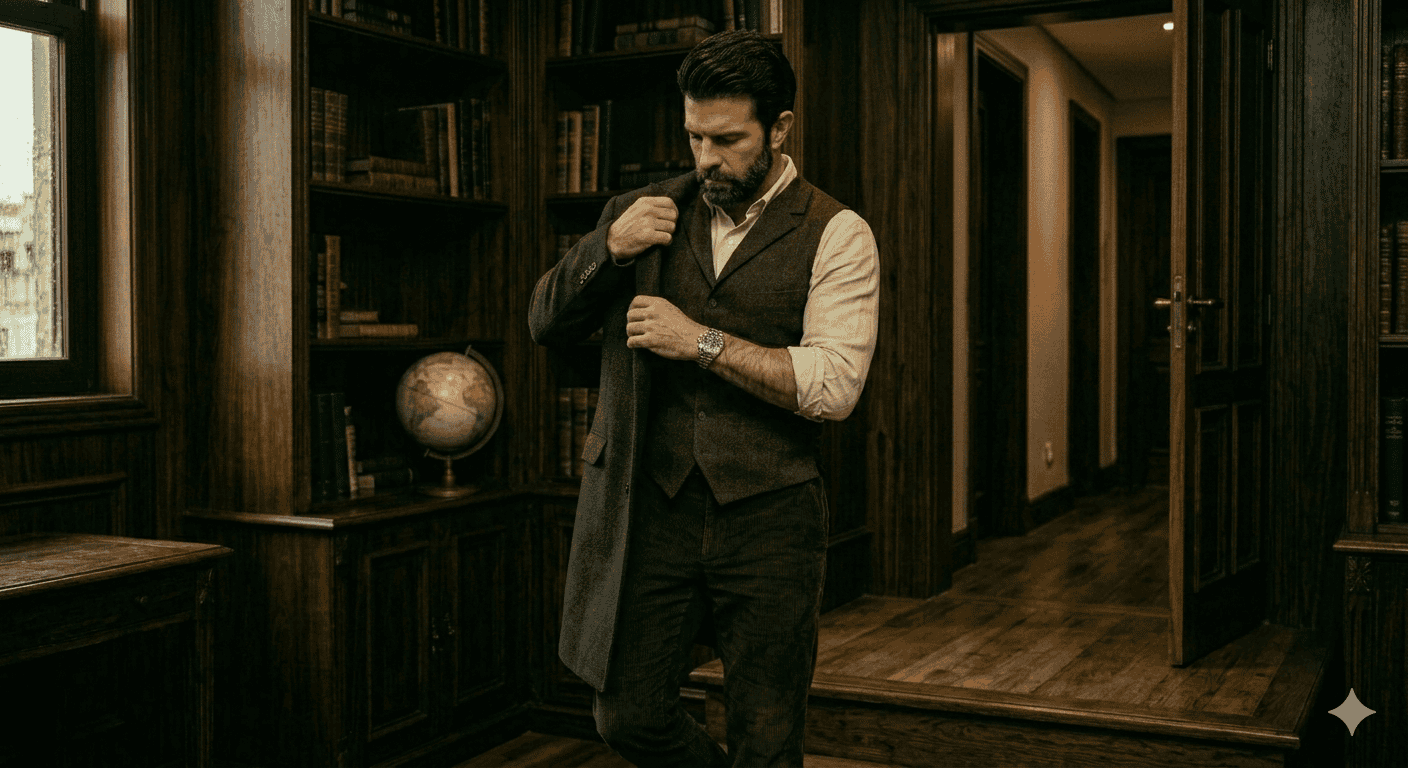 Homem de postura firme ajustando o relógio e saindo de um ambiente luxuoso, representando a **escassez** de tempo e o valor da presença masculina.