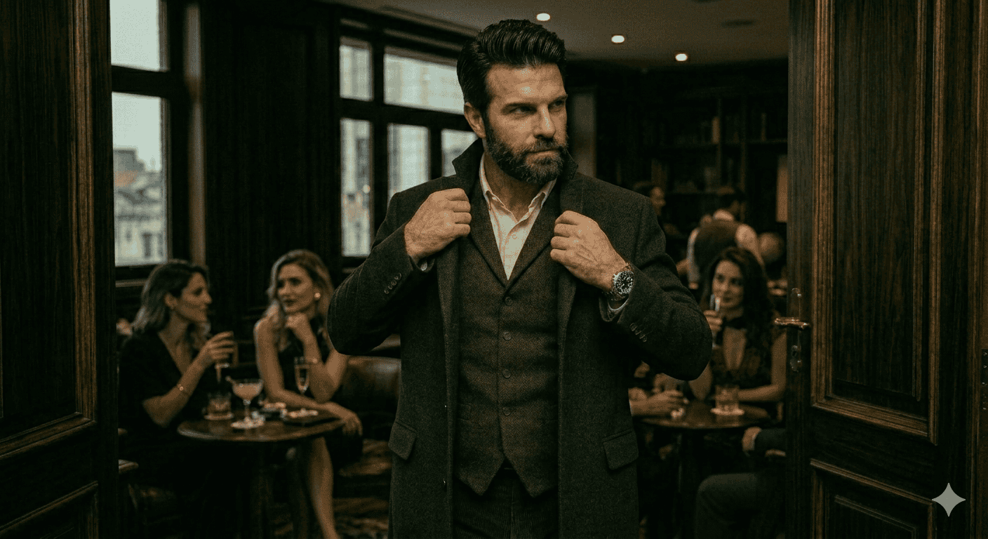 Homem de colete marrom ajustando o relógio ao sair de um ambiente clássico e luxuoso, representando a **escassez** e o mistério que geram o desejo feminino, saiba o que as mulheres desejam