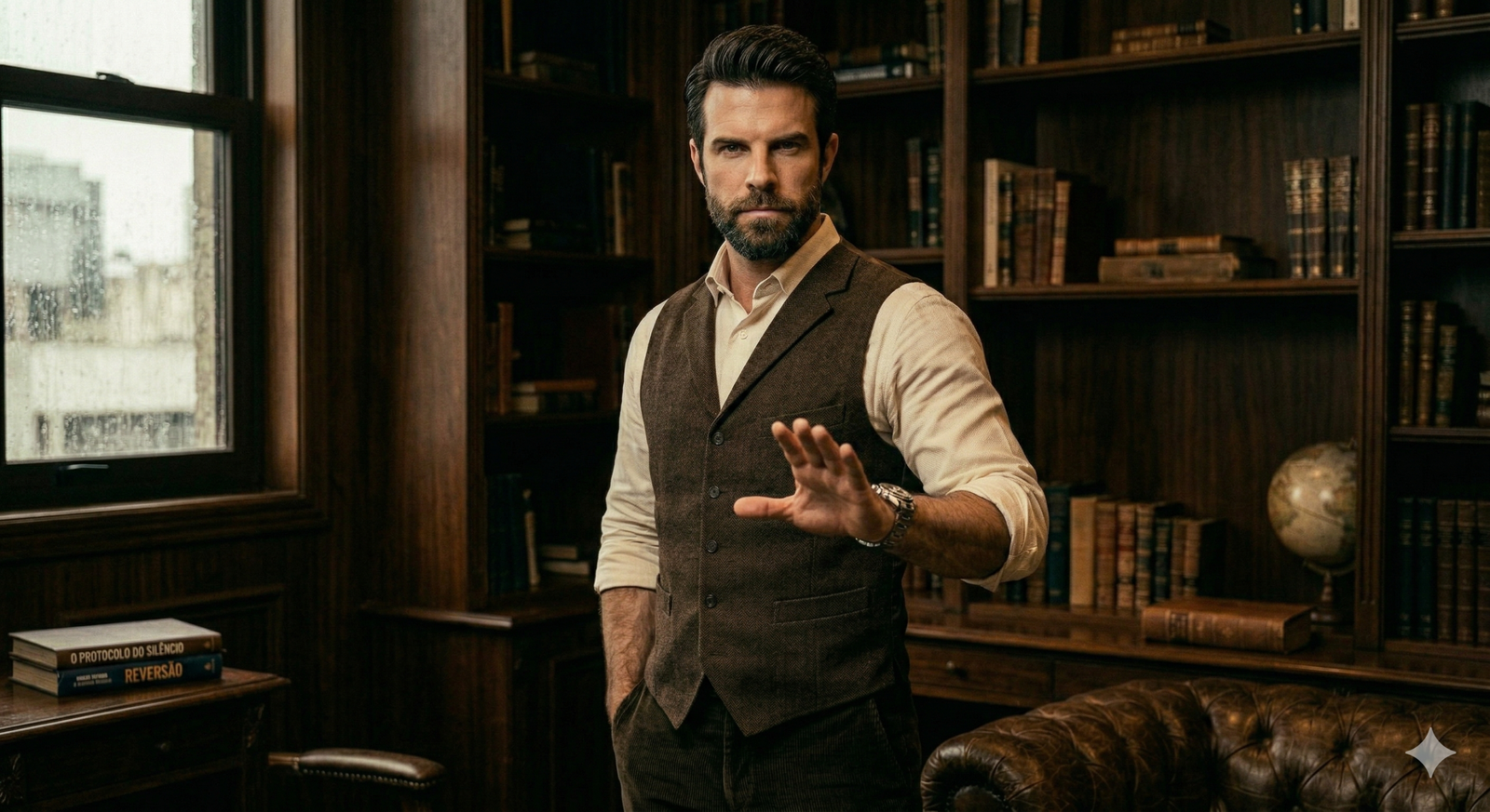 Homem de colete marrom com mão estendida em sinal de limite em uma biblioteca clássica, representando o poder do não e a imposição de limites com classe.