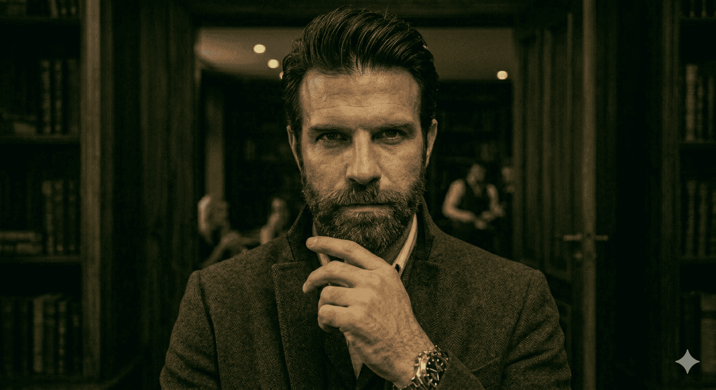 Close-up do homem de barba e sobretudo marrom, do Arsenal Secreto, olhando diretamente para a câmera com uma expressão de olhar de comando e autoridade inabalável, representando a Alta Masculinidade.
