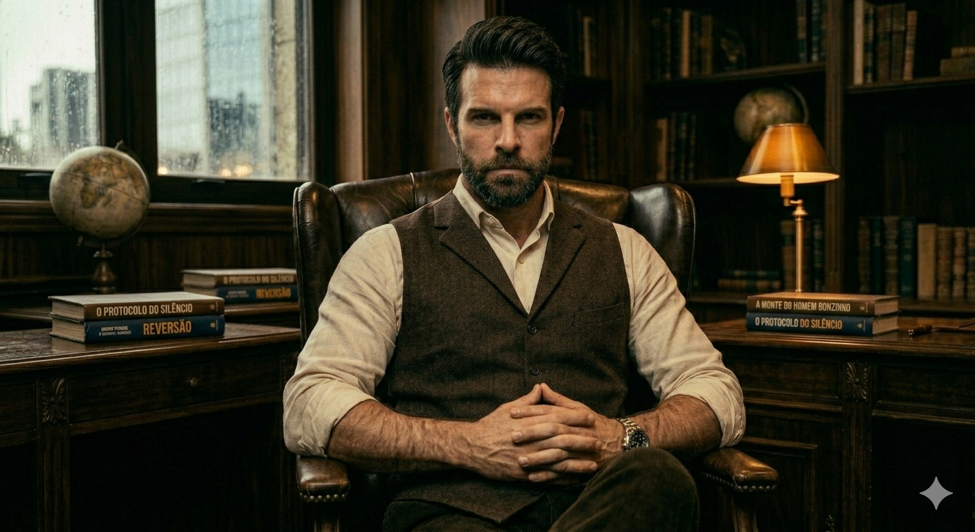 Homem de colete marrom sentado em cadeira de couro com as mãos entrelaçadas e olhar firme, simbolizando o poder do silêncio e o autocontrole masculino em situações de conflito.