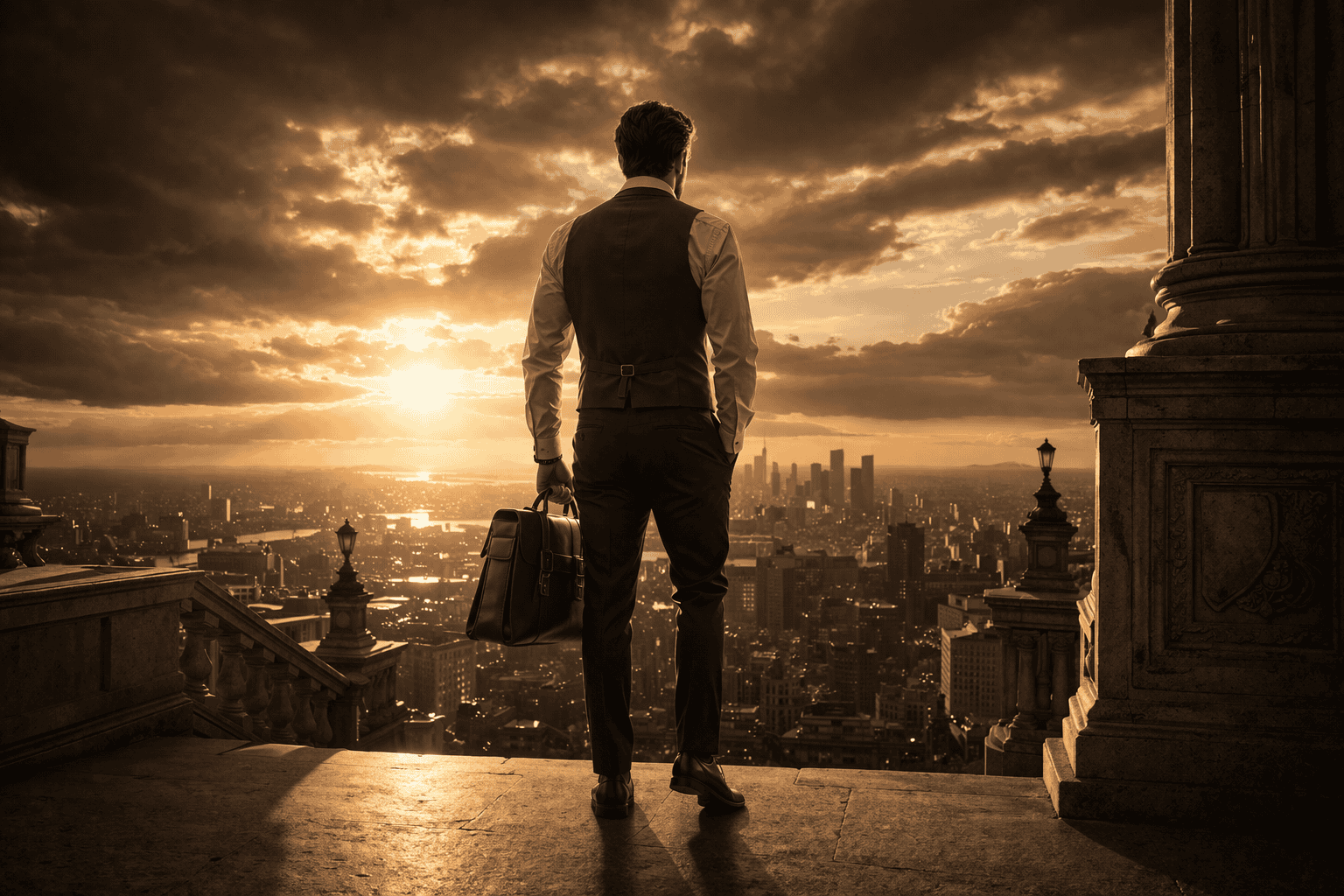 Homem elegante de costas olhando o horizonte em ambiente elevado, simbolizando postura masculina, solitude e determinação