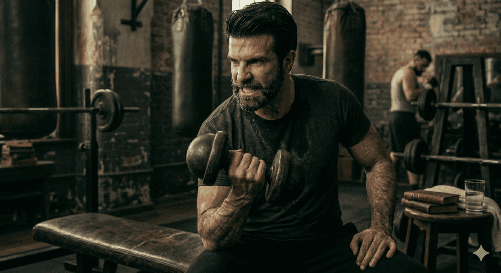 Homem de barba com expressão de força e foco extremo treinando bíceps com halteres de ferro em academia rústica, representando a transmutação seminal e a força masculina raiz.