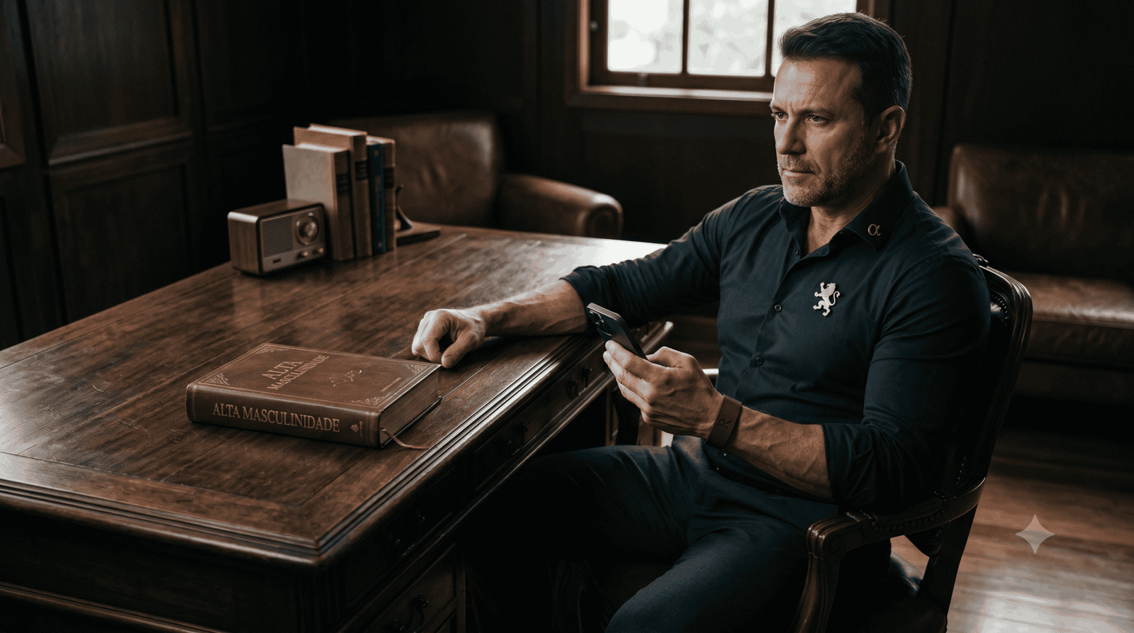 Homem sentado em escritório clássico, usando celular e vestindo camisa escura.