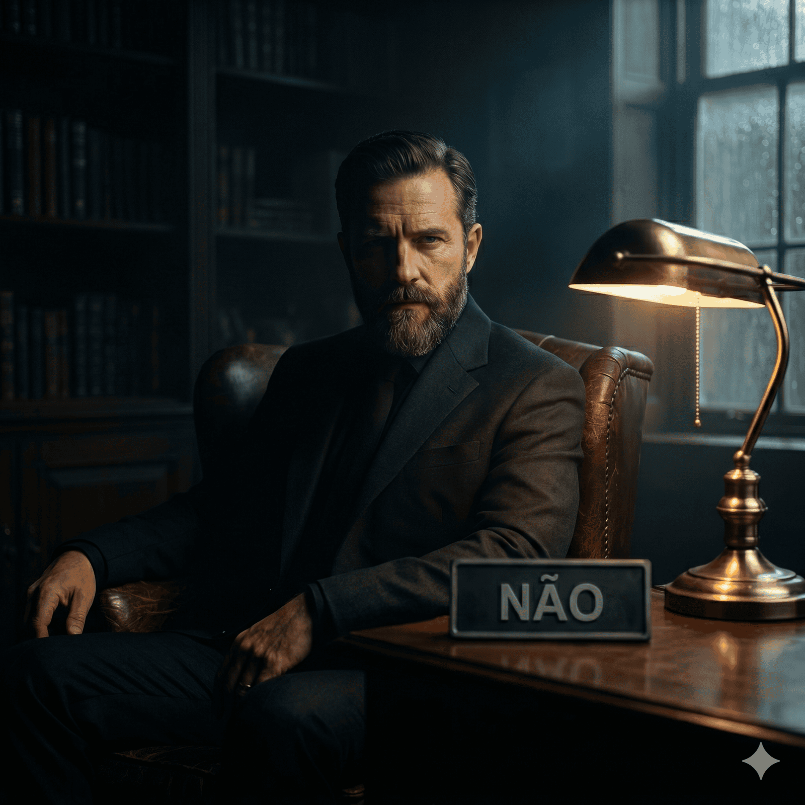 Homem sério sentado em escritório com sinal de "NÃO" na mesa, refletindo sobre autoridade.