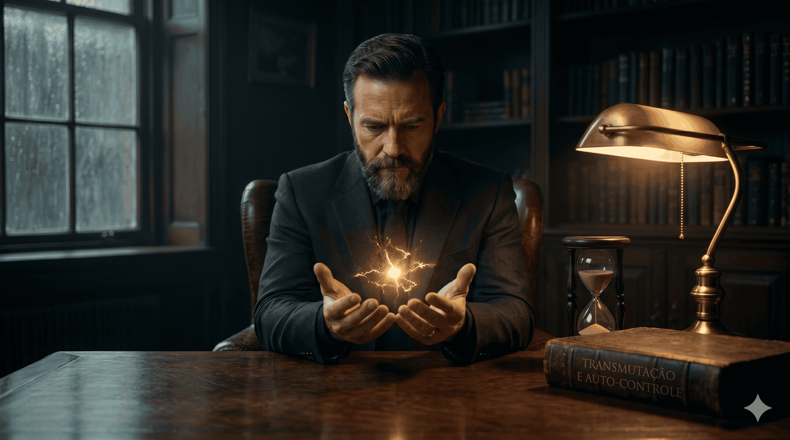 Homem concentrado segurando energia entre as mãos, simbolizando domínio da energia vital e retenção.