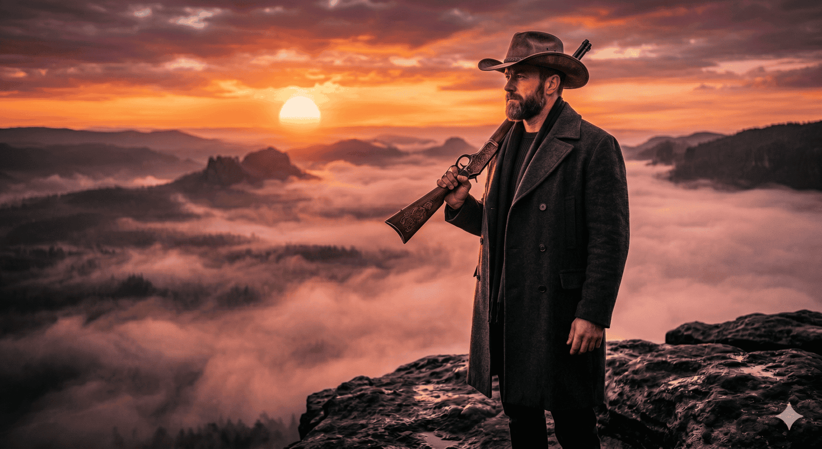 Homem com chapéu e rifle em cenário de pôr do sol nas montanhas.