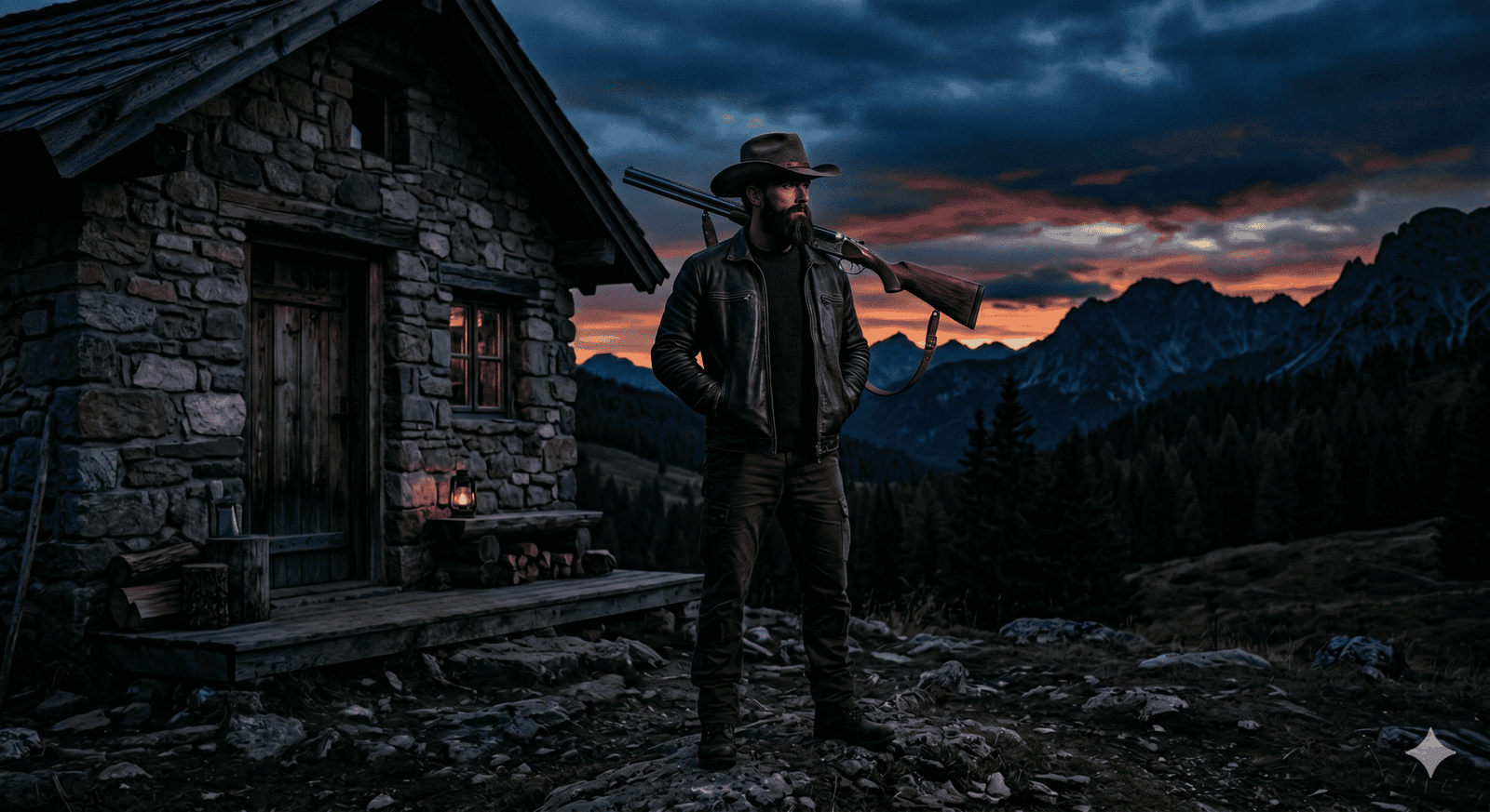 Homem com chapéu e rifle em mãos, ao lado de cabana de pedra na paisagem montanhosa ao entardecer.