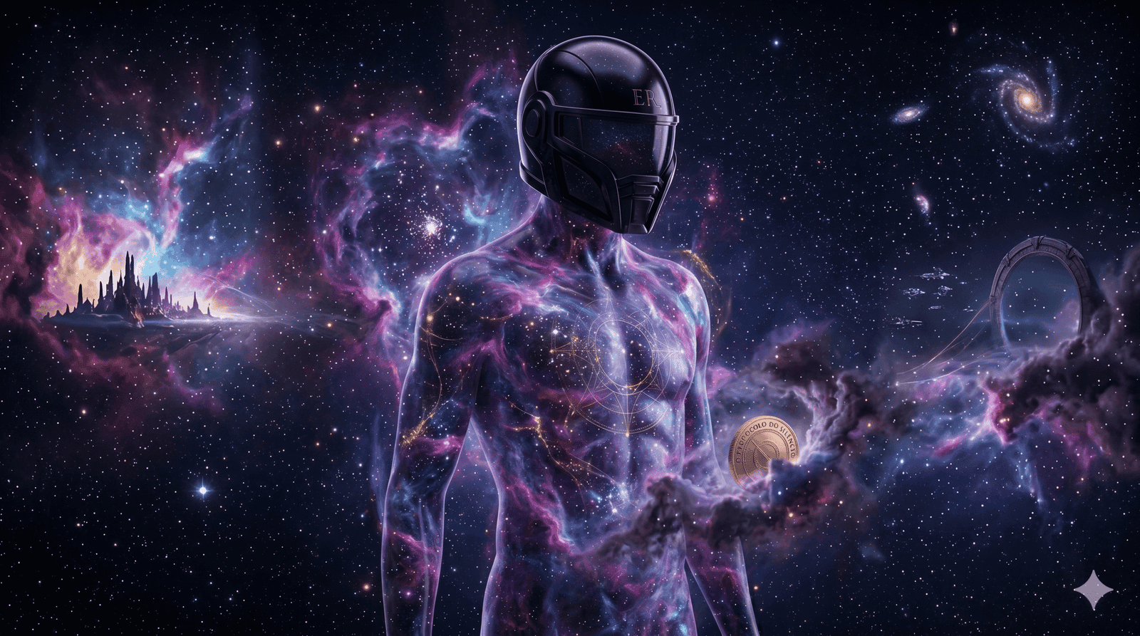 Ilustração de um homem futurista no espaço, representando o Protocolo de Choque.