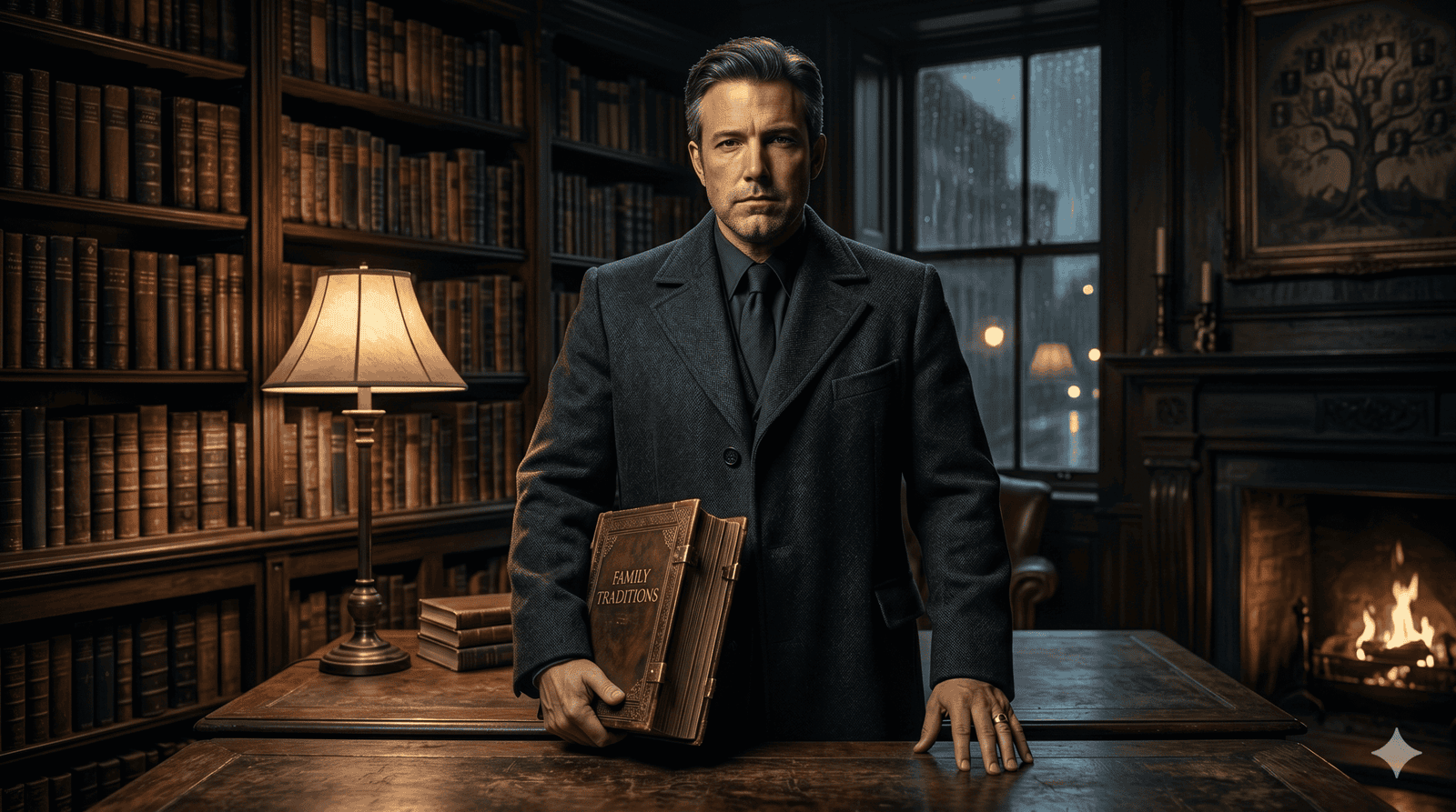 Homem com expressão séria segurando livro em biblioteca clássica com lareira acesa ao fundo.
