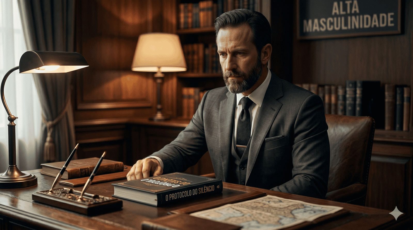 Homem sério sentado na mesa com livro "Protocolo do Silêncio" em ambiente de escritório elegante.