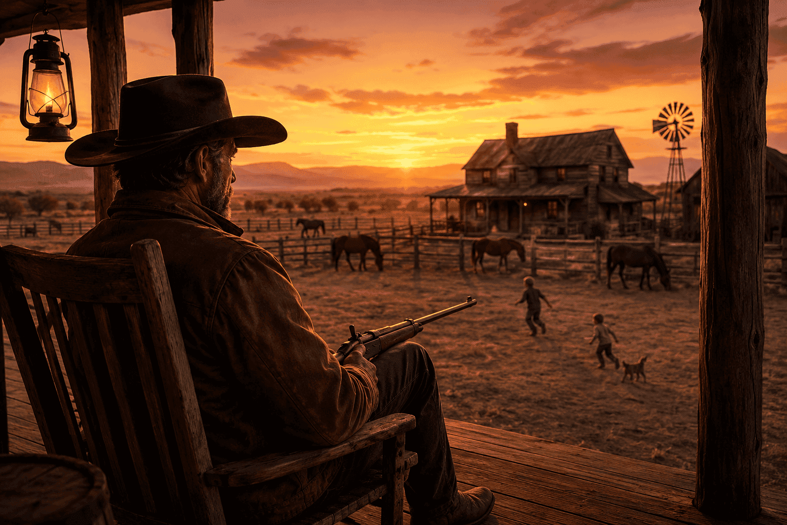 Cowboy observando o pôr do sol no Velho Oeste, com cavalos e uma fazenda ao fundo.