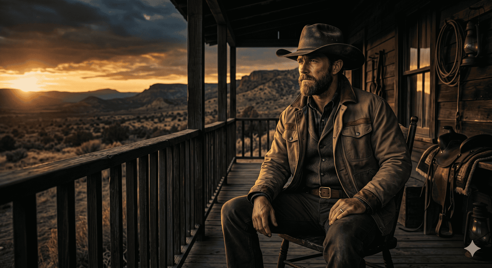 Homem com chapéu cowboy sentado na varanda de uma cabana no deserto ao pôr do sol.