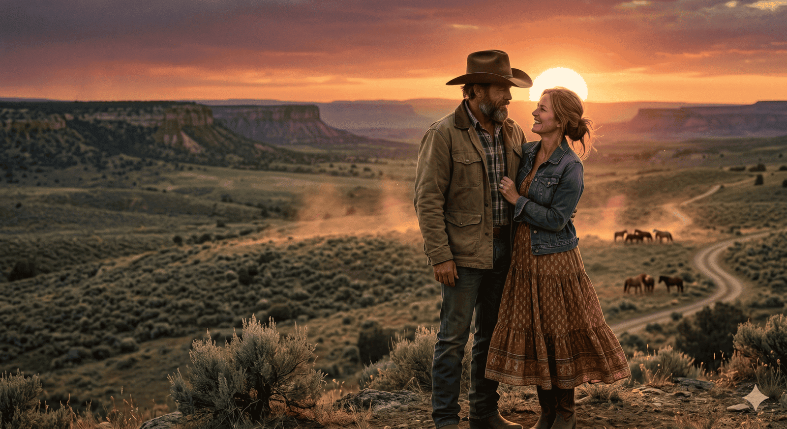 Casal apaixonado admirando o pôr do sol no deserto do oeste americano.