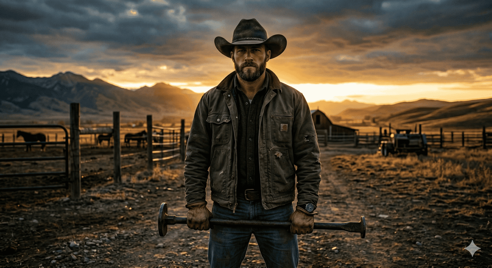 Homem com chapéu de cowboy segurando ferramenta no campo ao entardecer.