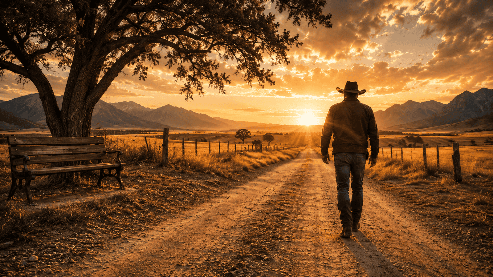 Homem caminhando ao pôr do sol em estrada rural com árvores e montanhas ao fundo.