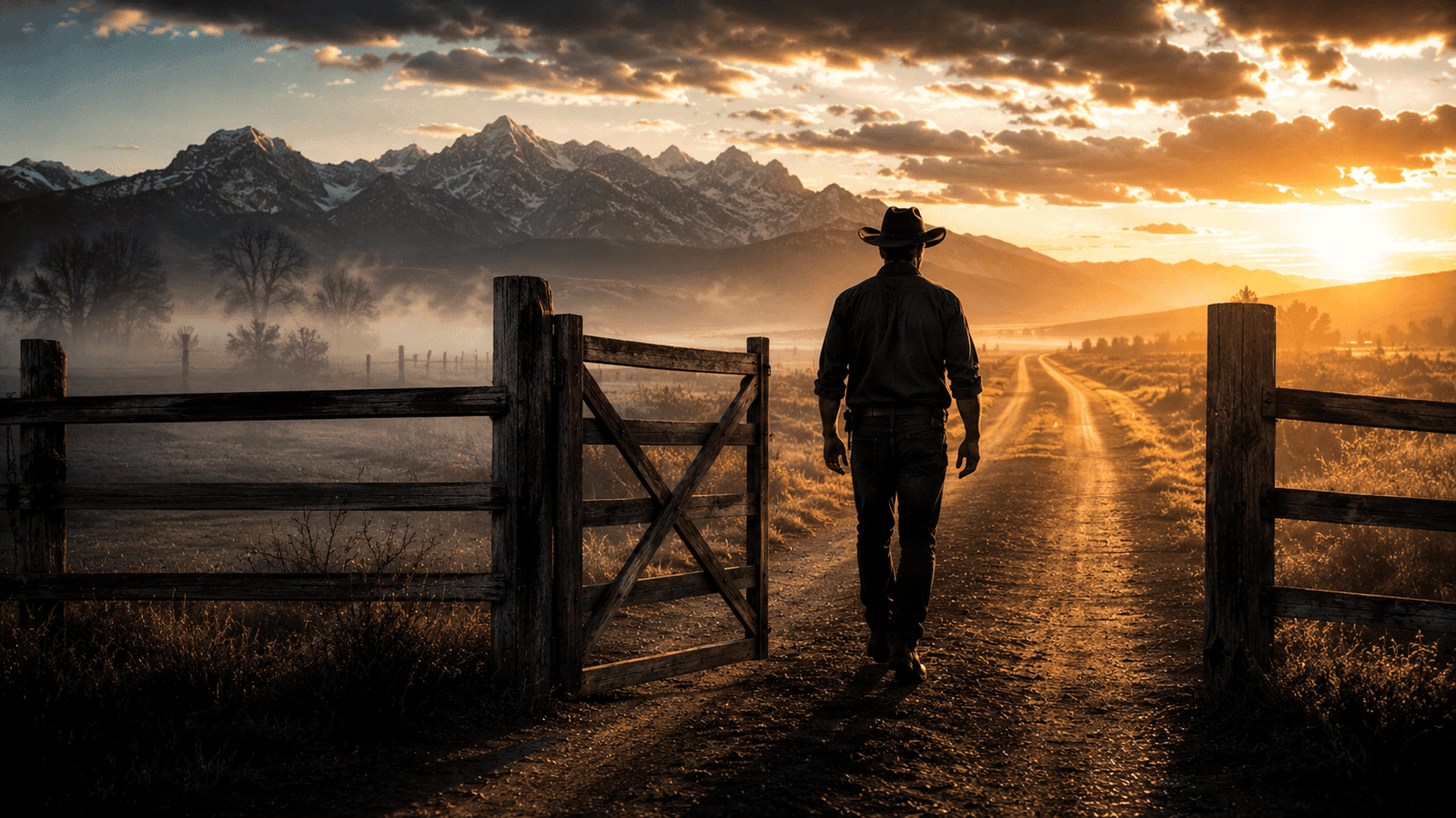 Homem caminhando na estrada de terra ao pôr do sol com montanhas ao fundo.