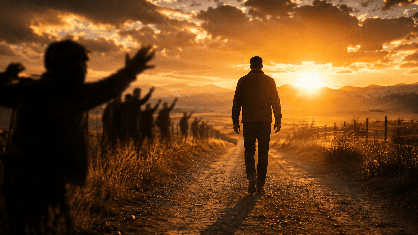 Pessoas admirando o pôr do sol em uma estrada rural ao entardecer.