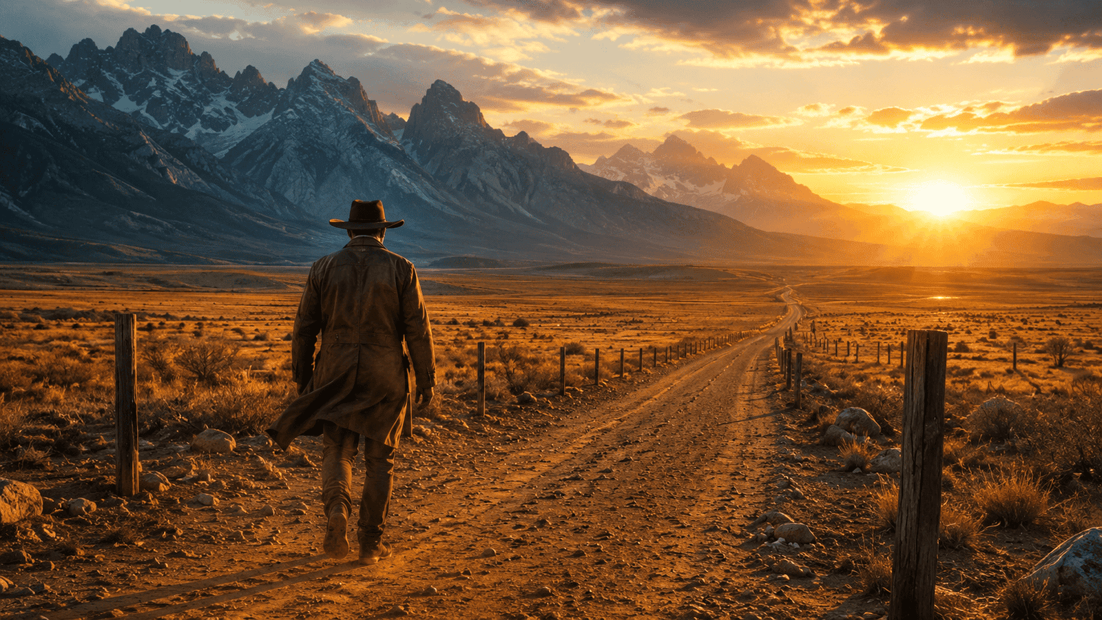 Homem caminhando na estrada com montanhas ao fundo ao pôr do sol.