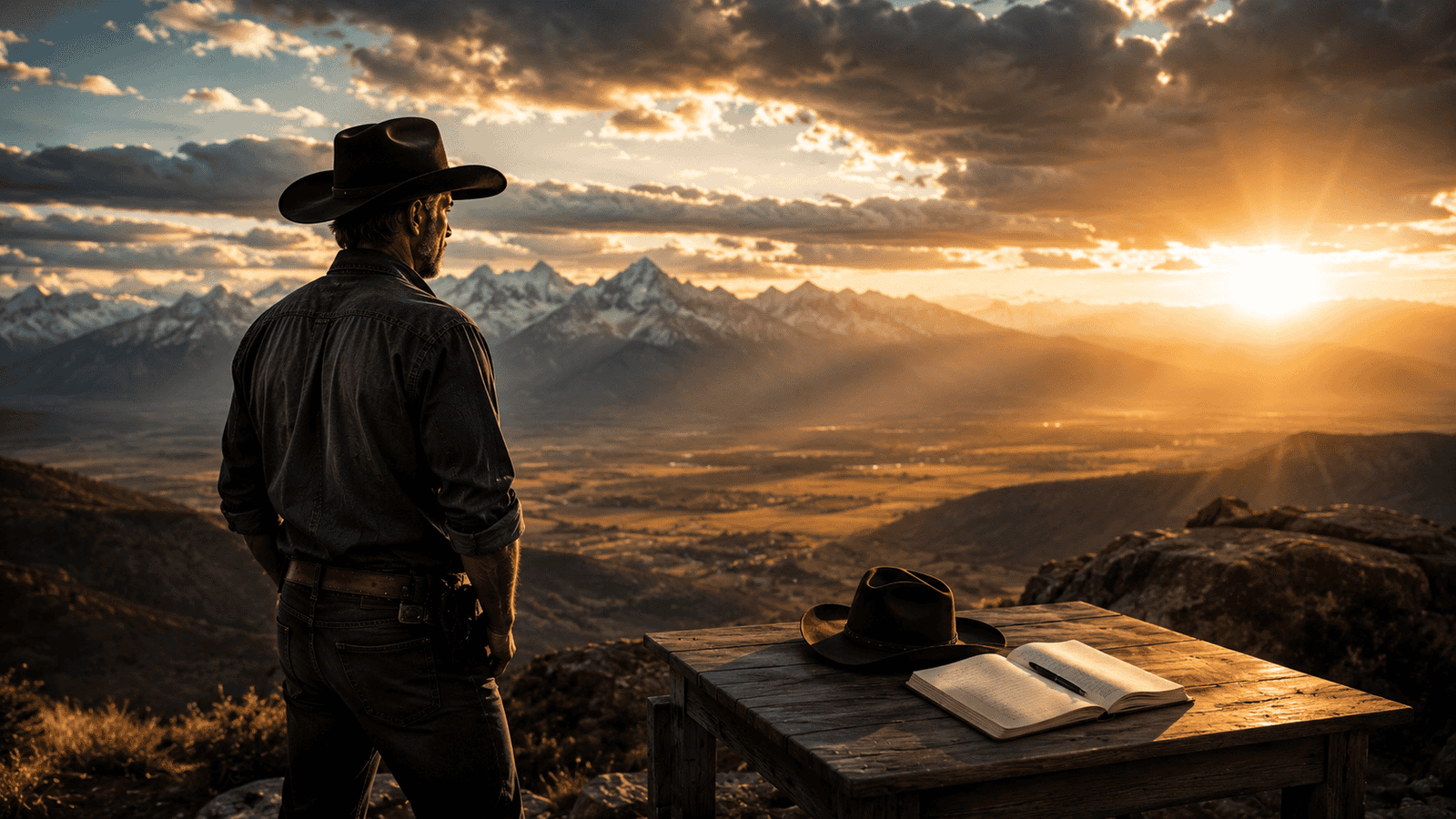 Homem de chapéu observando o pôr do sol na paisagem montanhosa.