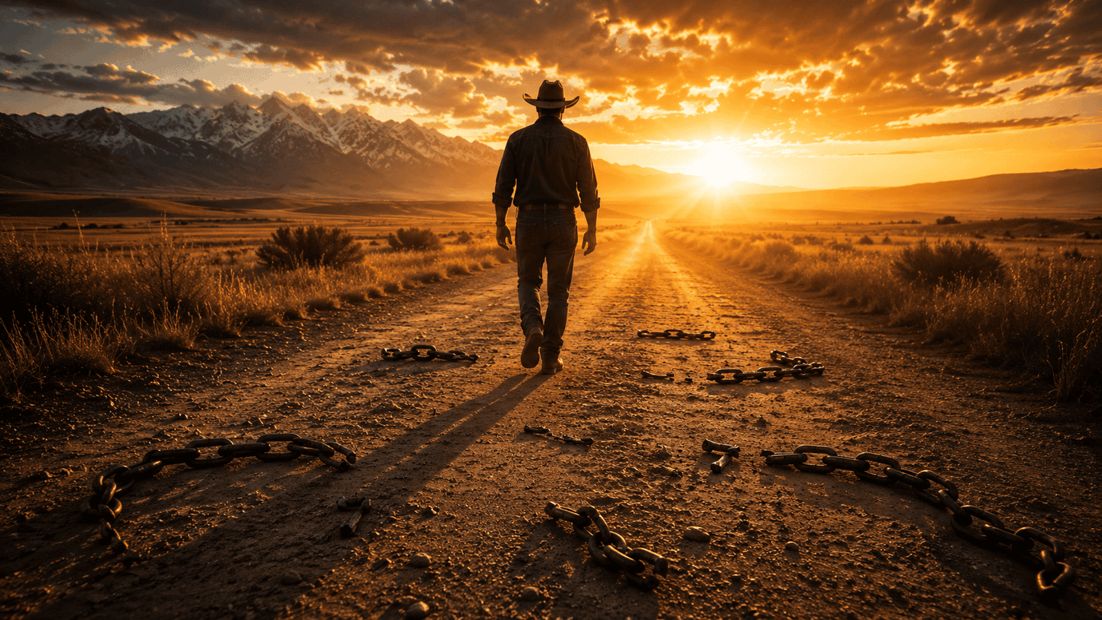 Homem caminhando na estrada ao pôr do sol com correntes no chão.
