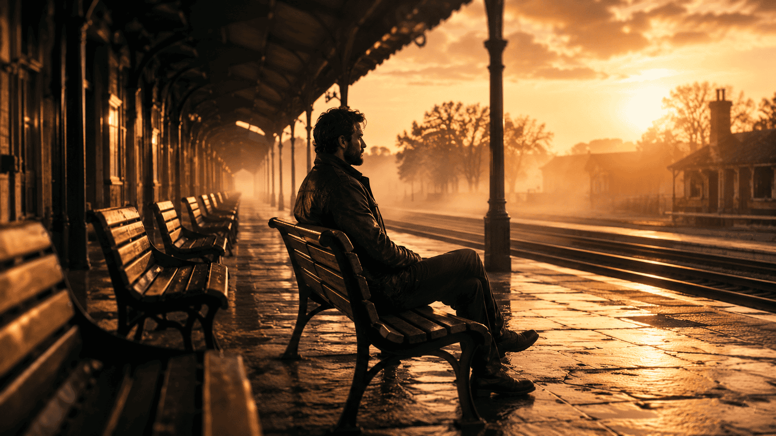 Homem sentado na plataforma de trem ao pôr do sol, apreciando a paisagem tranquila e o ambiente sere.