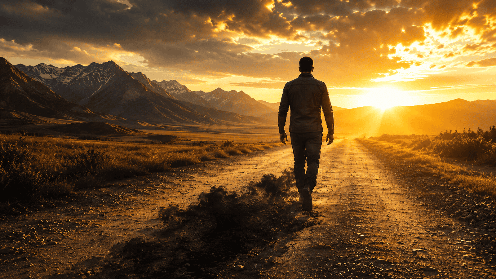 Homem caminhando em trilha ao pôr do sol nas montanhas.