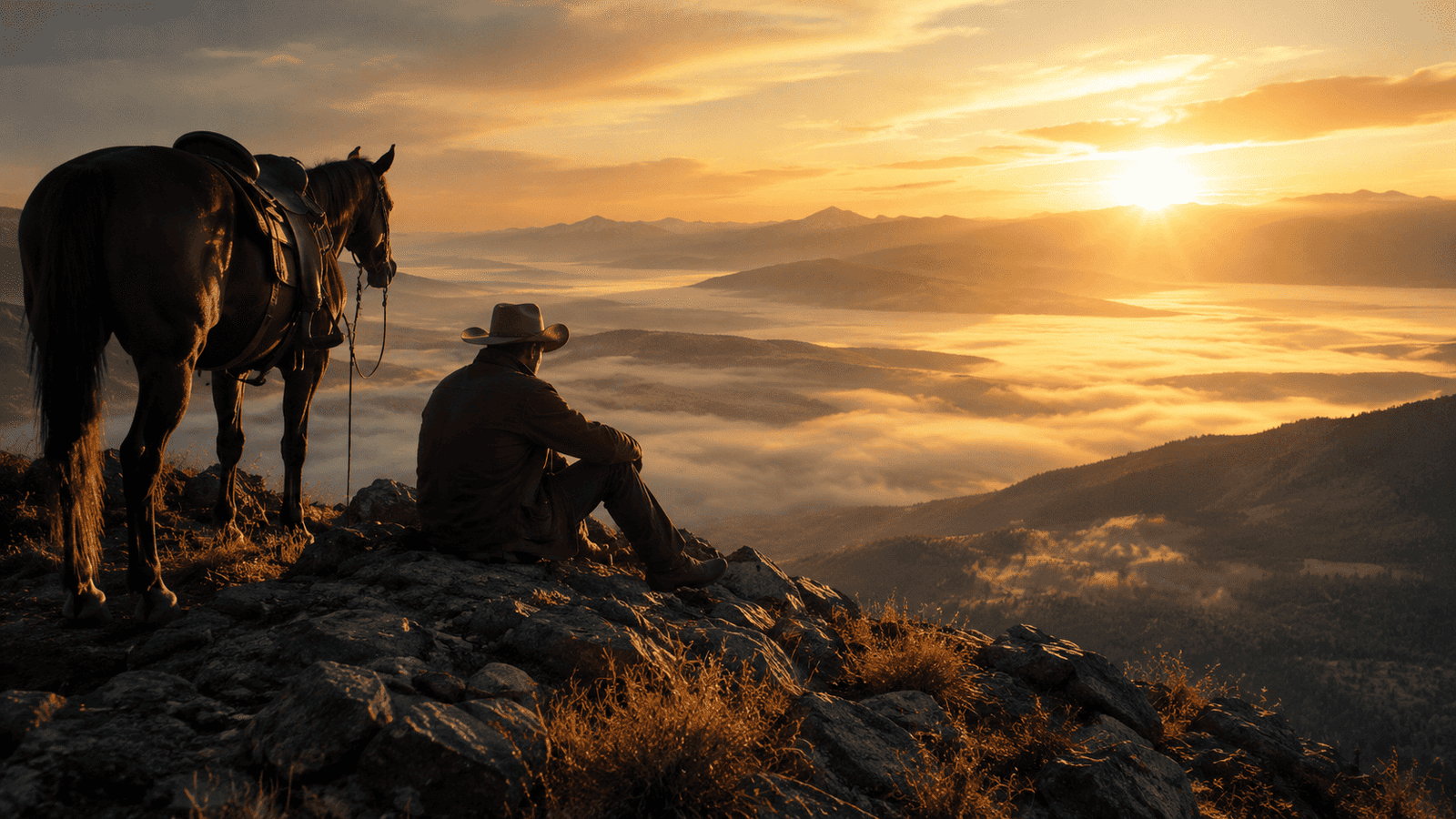 Homem sentado na montanha com cavalo, assistindo o nascer do sol.