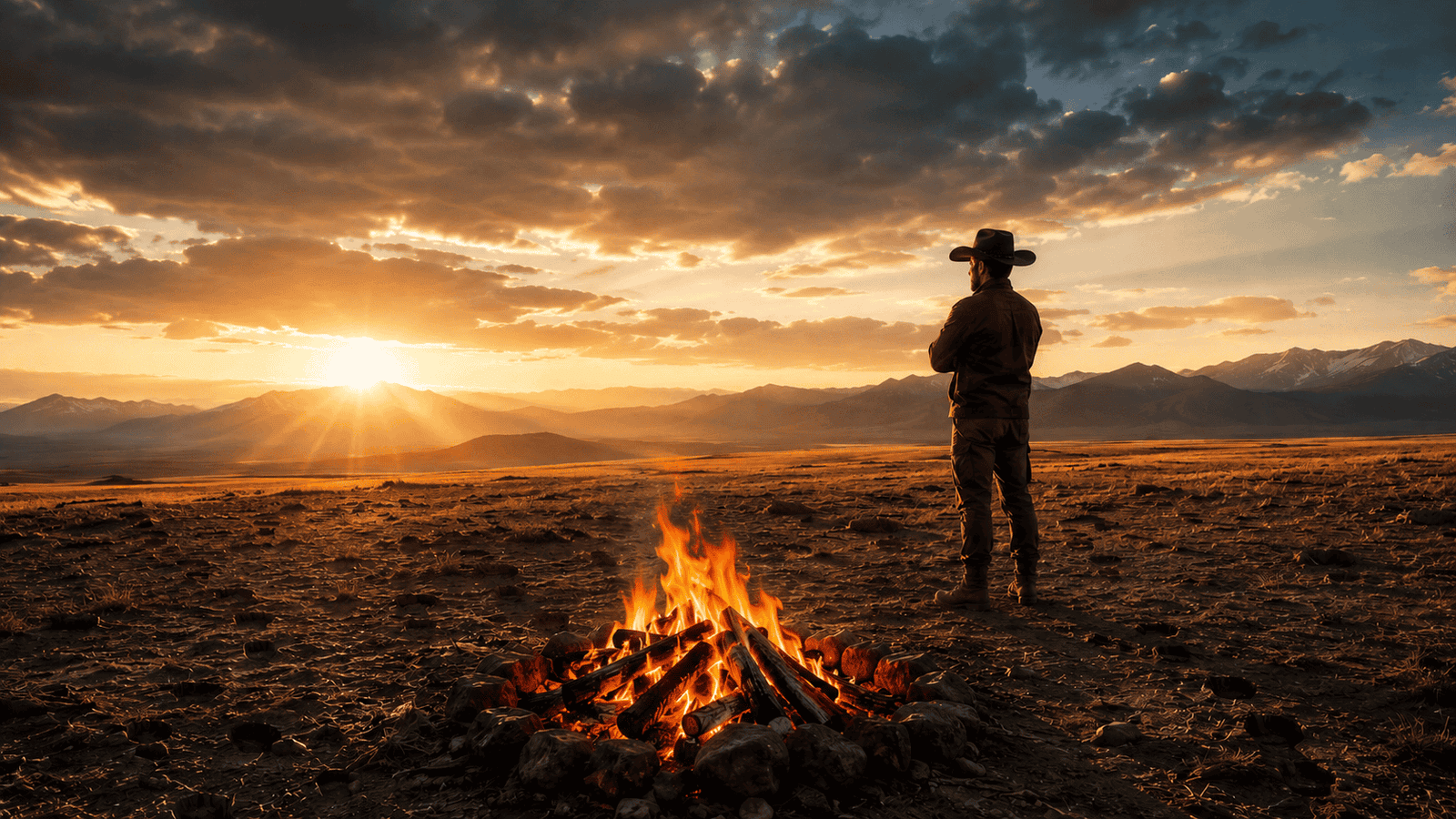 Homem de chapéu assistindo ao pôr do sol com fogo ao fundo.