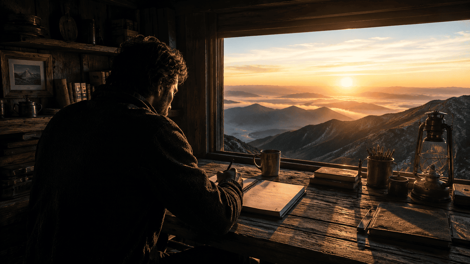 Montanhista contemplando o pôr do sol na montanha com vista para as serras.