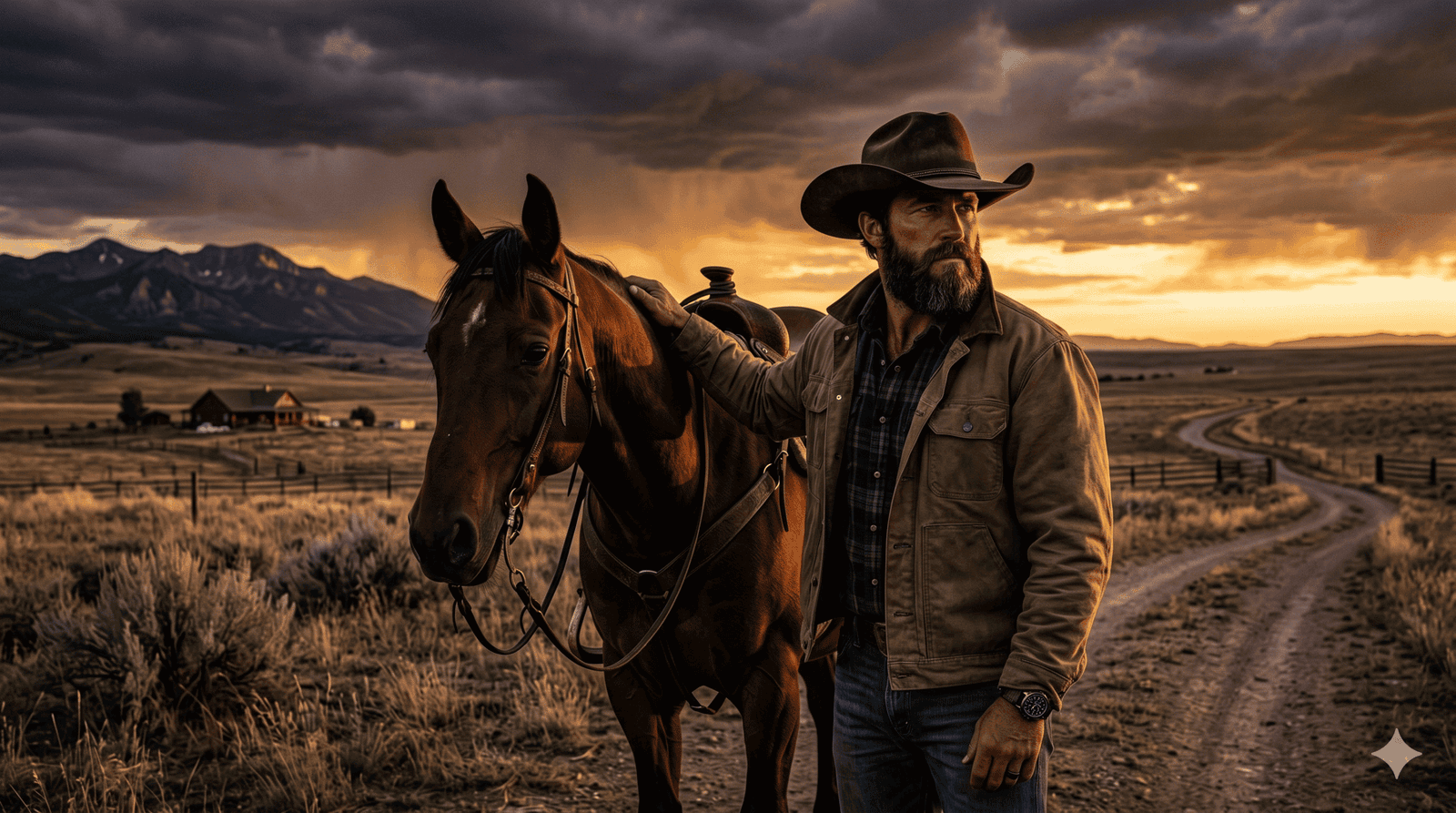 Homem com chapéu ao lado de seu cavalo em cenário de pôr do sol rural.