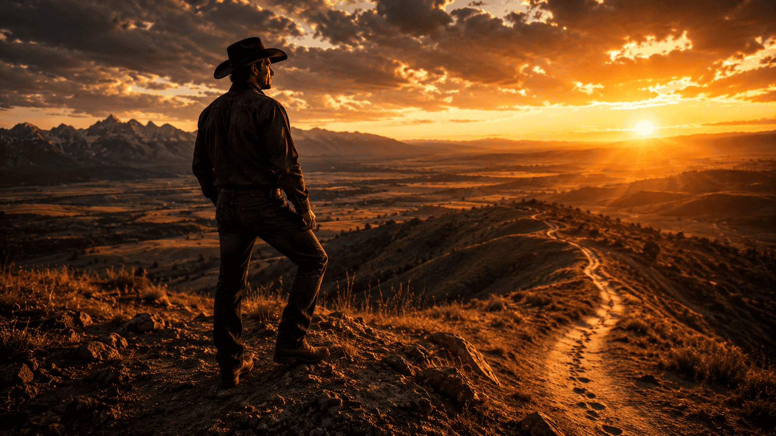 Homem de chapéu observando o pôr do sol em uma paisagem montanhosa.