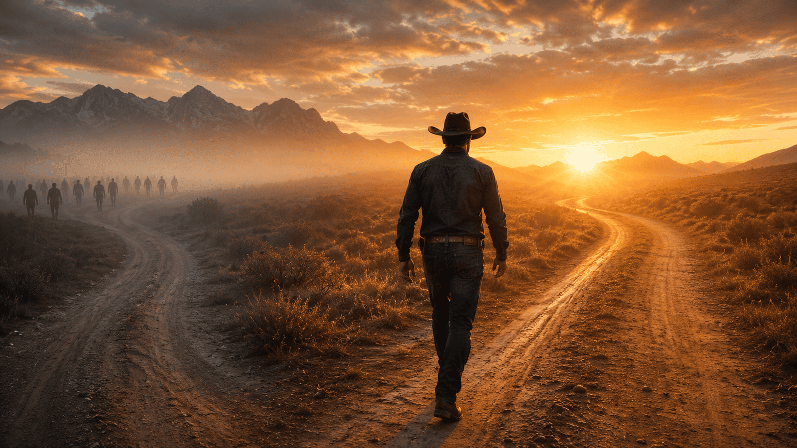 Homem caminhando por trilha de terra ao pôr do sol na natureza.