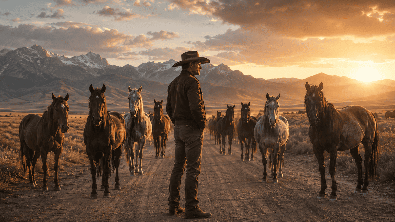 Homem com chapéu observa cavalos em campo aberto ao pôr do sol.