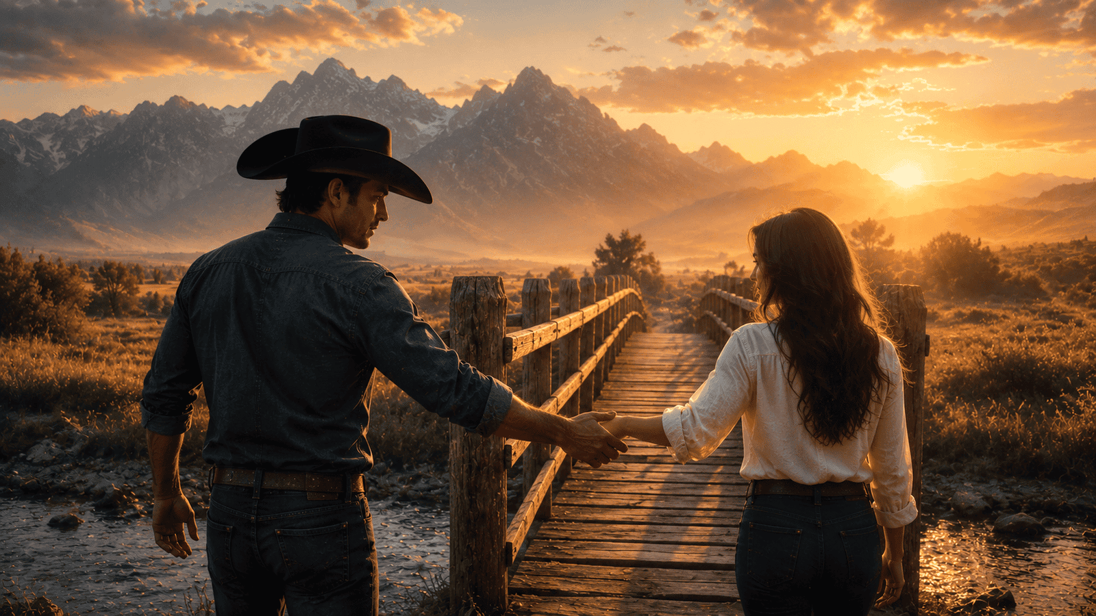 Homem e mulher de mãos dadas em cenário natural ao pôr do sol.